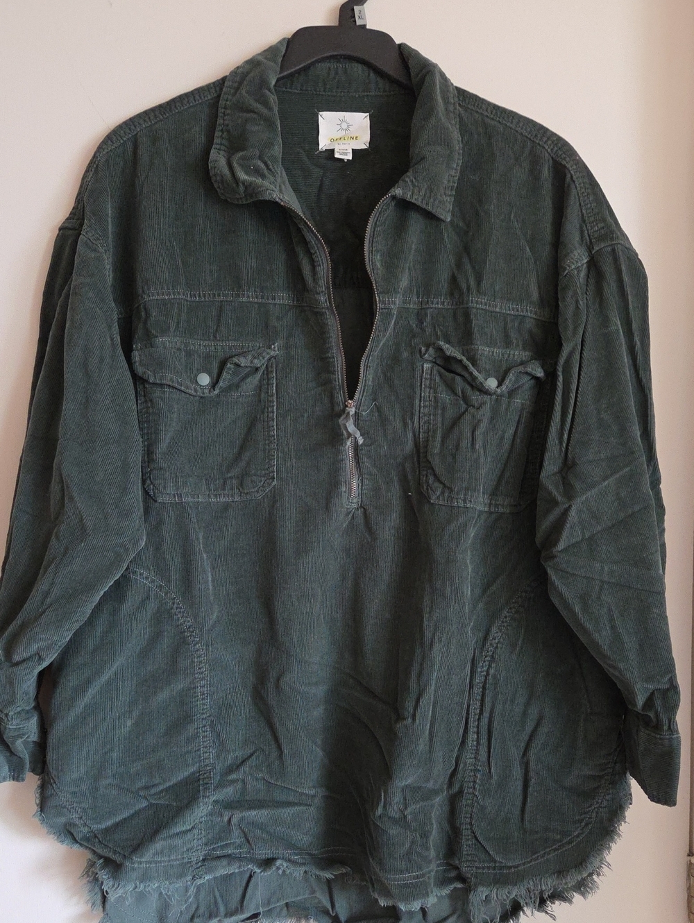 Very Oversized Corduroy 1/4 Zip Pullover Jacket - Dark Green